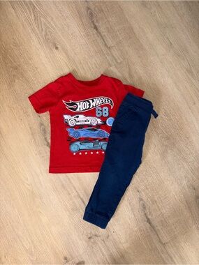Andy & Evan Red Hot Wheels Tee with Navy Jogger Pants